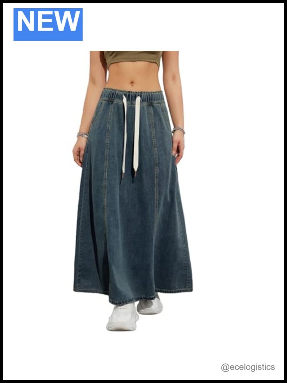 High Waist Maxi Denim Skirt A-Line Flared Cotton Blend Casual Summer